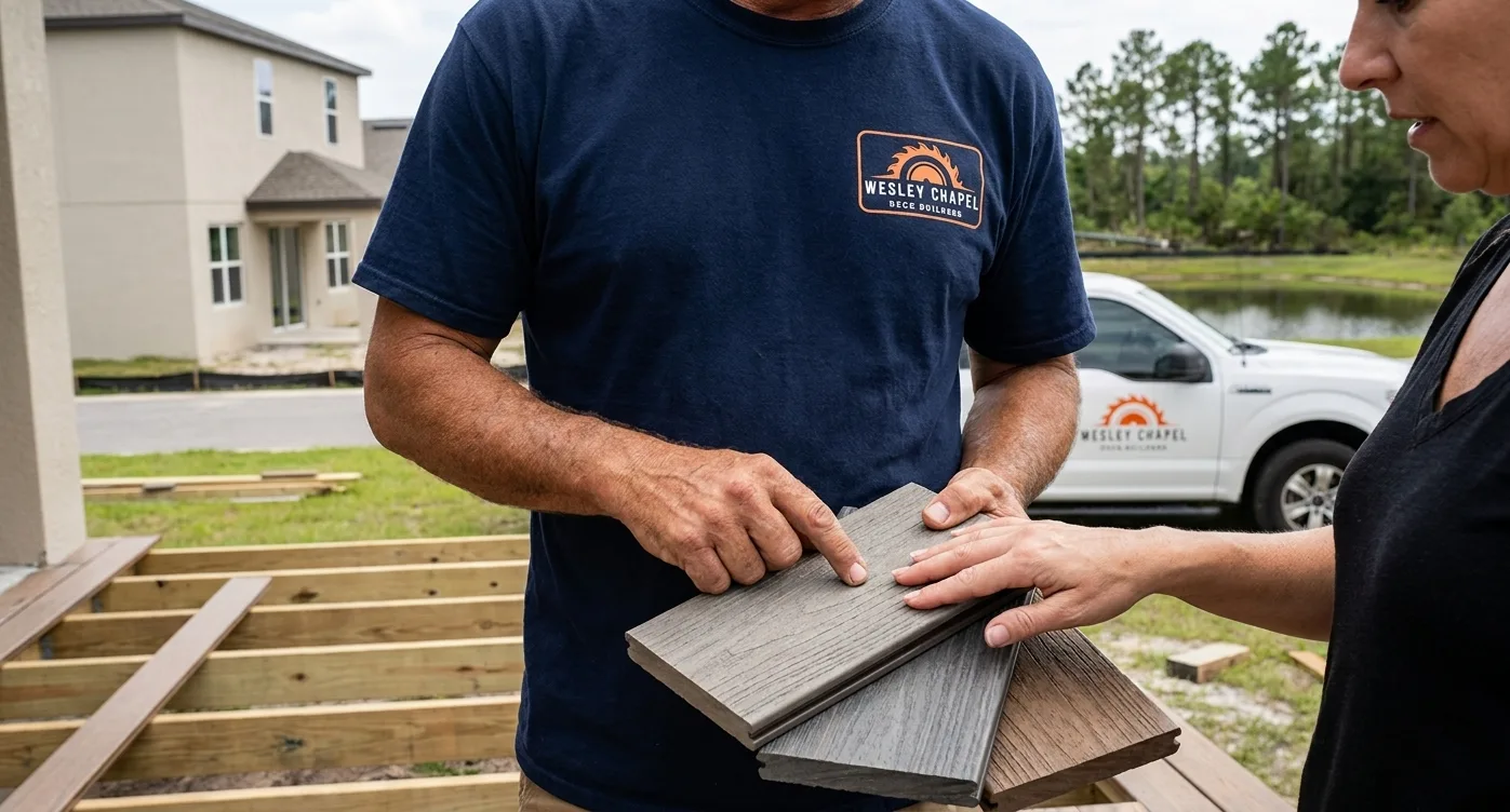 Wesley Chapel Deck Builders contractor showing composite decking samples